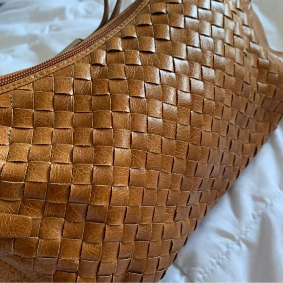Woven Camel Cognac Color Genuine Leather Handbag NWOT Mini Small Purse‎ Bag - Picture 1 of 16